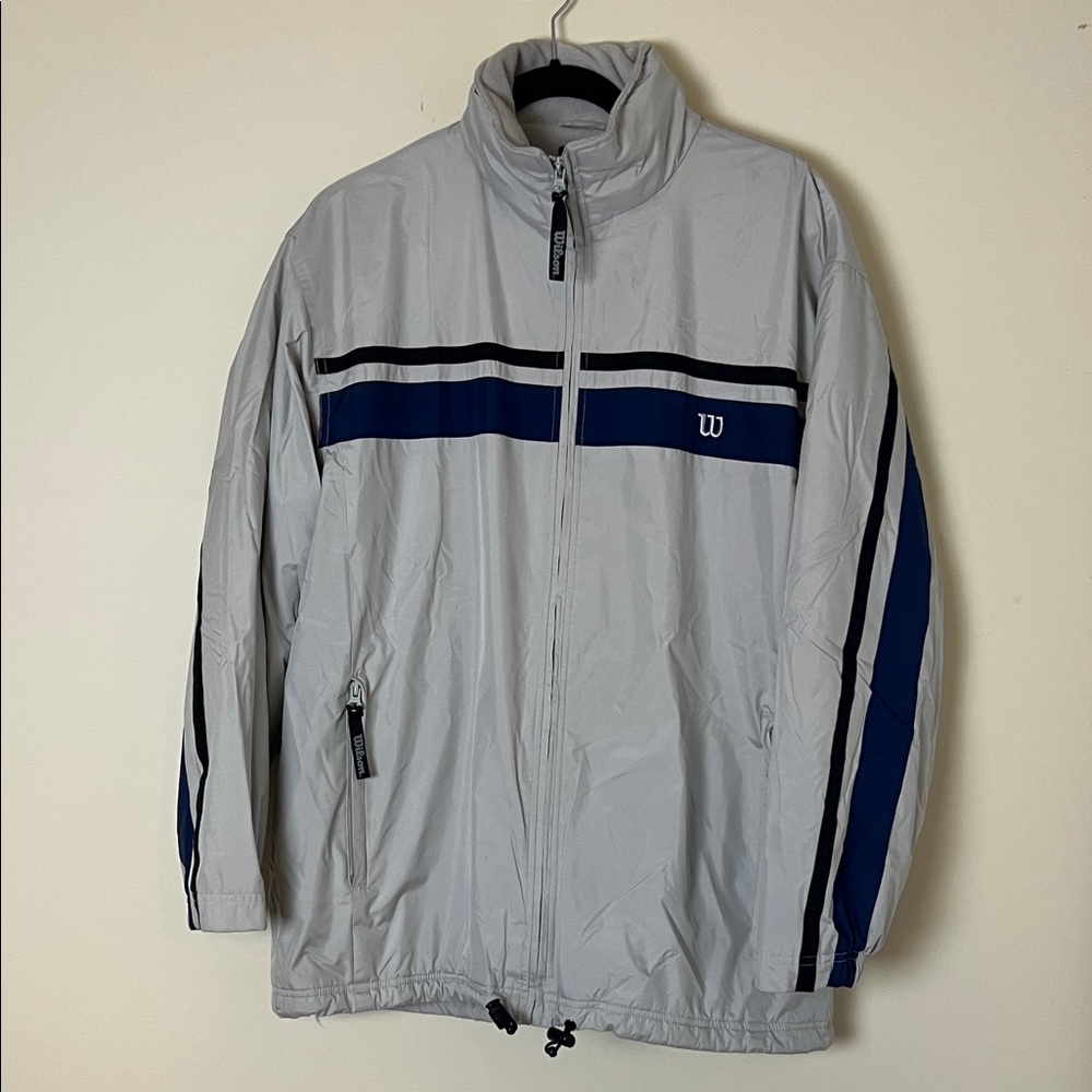 Small Wilson Men's Windbreaker in Gray with Blue Stripes with hidden hood